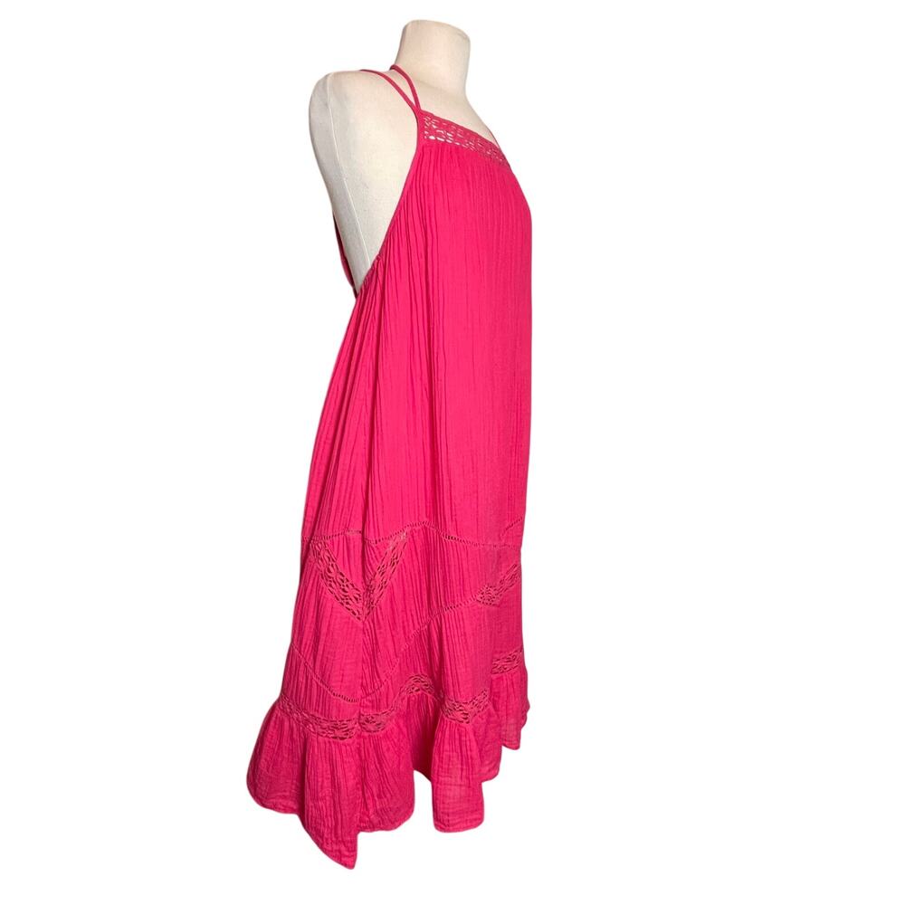 ANTHROPOLOGIE Women’s Boho Pink Lace Trim Crinkle Gauze Midi Dress - Picture 4 of 6